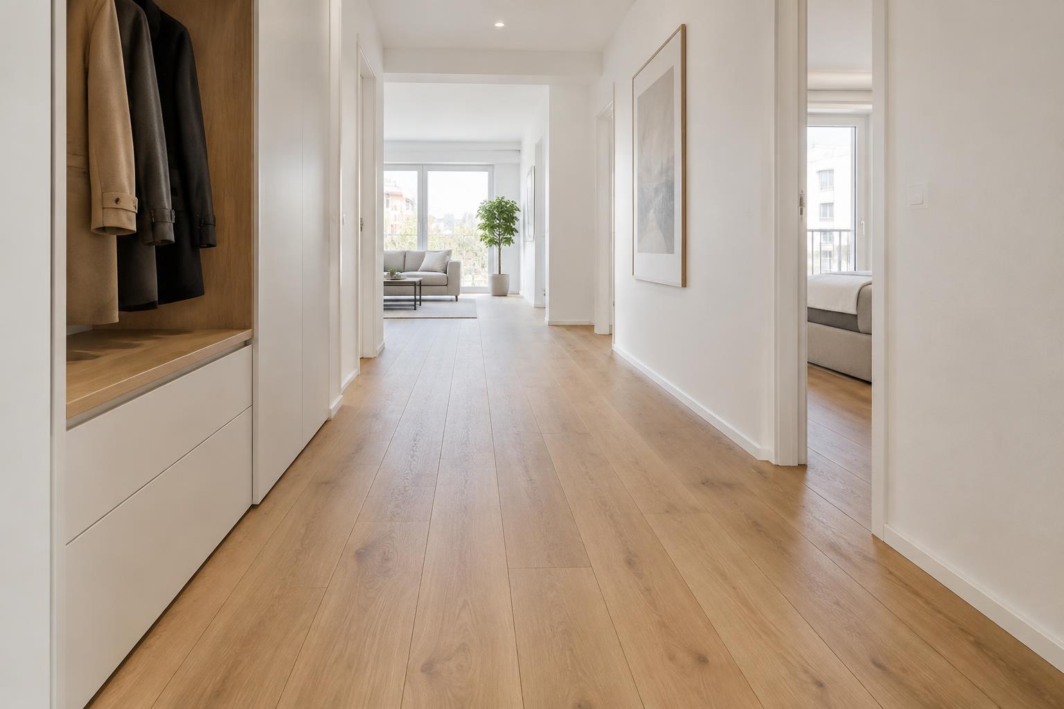 Moderner Flur mit sauber verlegtem Laminatboden