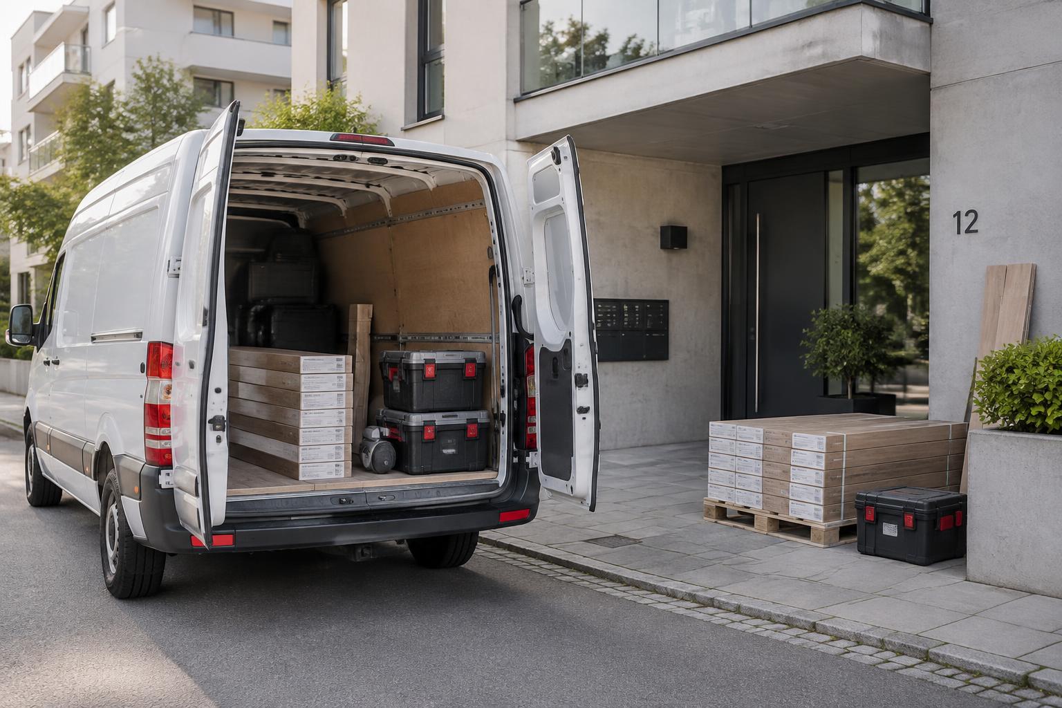Neutraler Lieferwagen mit Werkzeugkisten und Parkettpaketen vor einem Wohnhaus