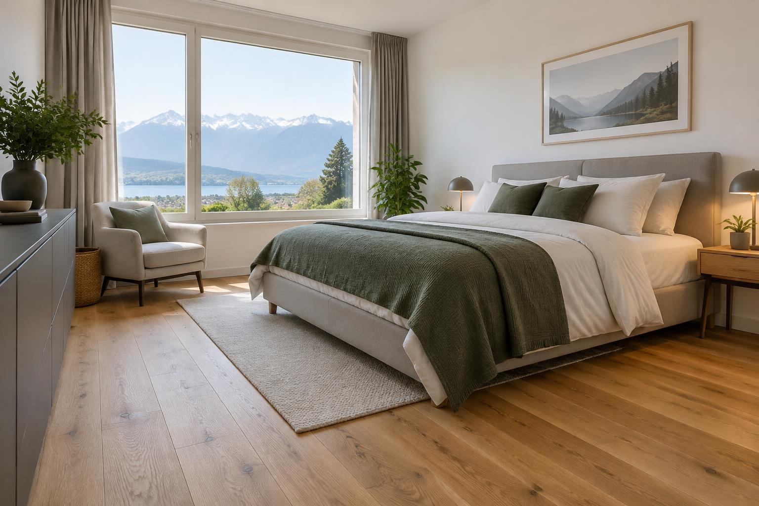 Modernes Schlafzimmer mit warmem Eichenparkett